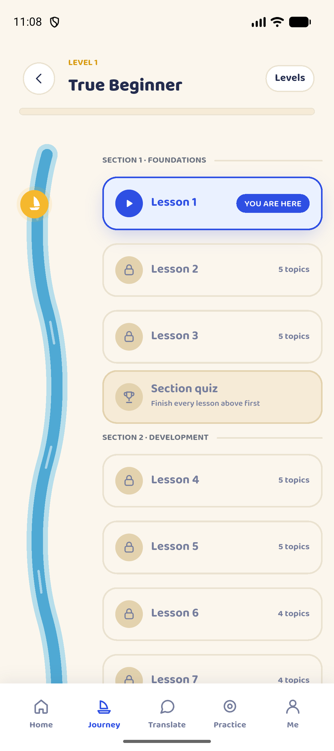 Screenshot of the Mashi Level Path: Level 1, True Beginner. A blue Nile runs down the left with a felucca beside Lesson 1, marked You are here. Later lessons are locked, with a section quiz between sections.